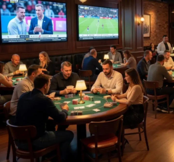 Sala eventowa Xia przygotowana na wieczór pokerowy i transmisje sportowe